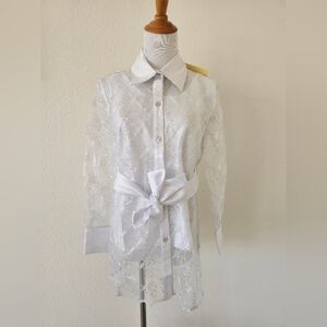 Simonton Says Sheer White Two Piece Top With Tie Button Down Collar NWT Size XS